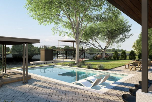 Covered patio view overlooking pool, lawn, and two-story boat dock on a lakeside property.