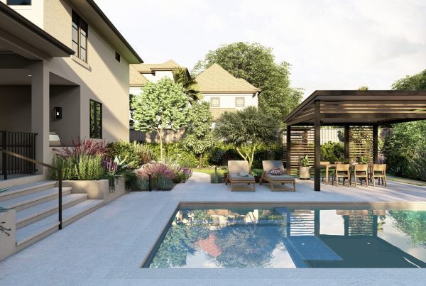 Pool patio with lounge chairs, modern pergola dining area, and raised planters with lush landscaping.